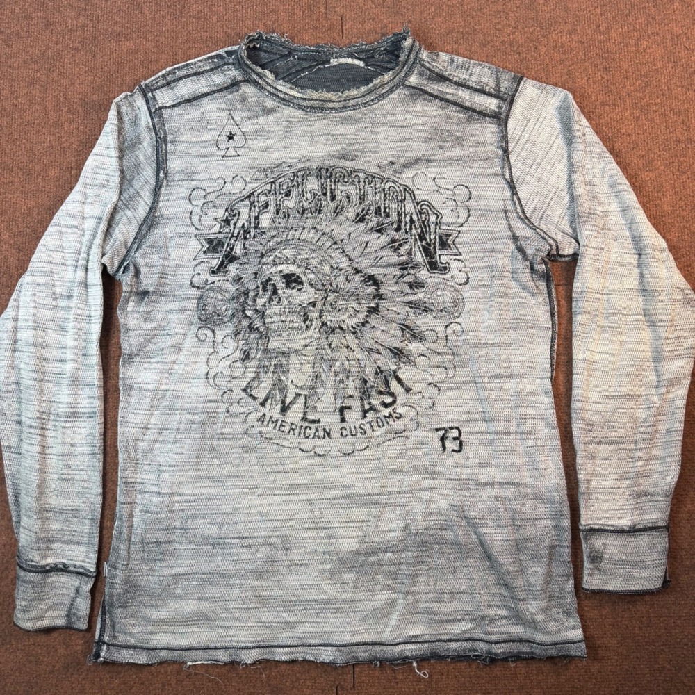 Affliction American Customs Reversible Thermal Shirt Mens Skull Graphic Grey L